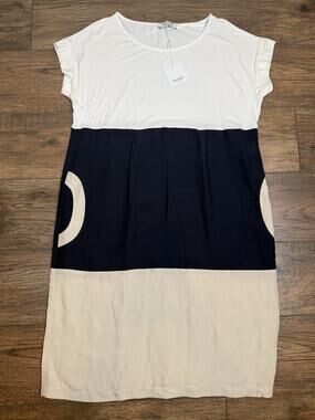 EDAS Italy Shift Dress Short Sleeve Linen Blend White Blue Women's Sz 16 NWT